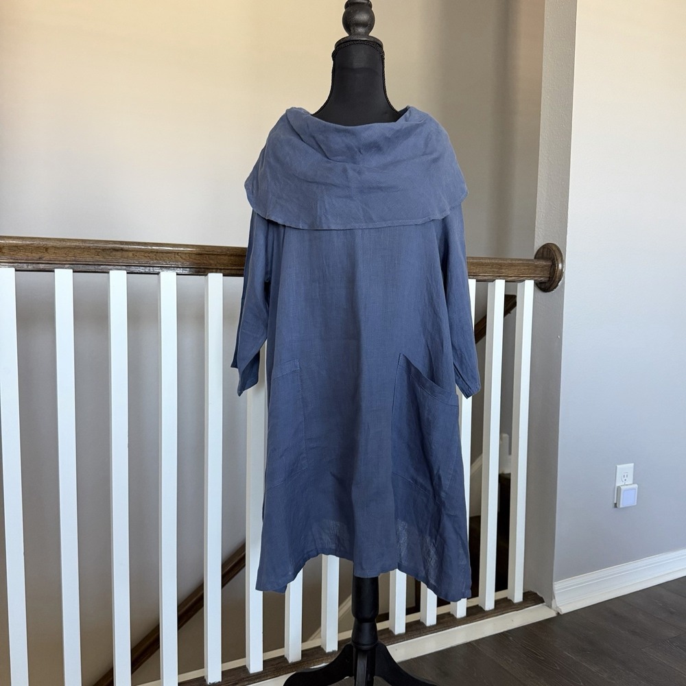 Match Point 100% Linen Cowl Neck Lagenlook Dress Blue Small Minimalist Cottage
